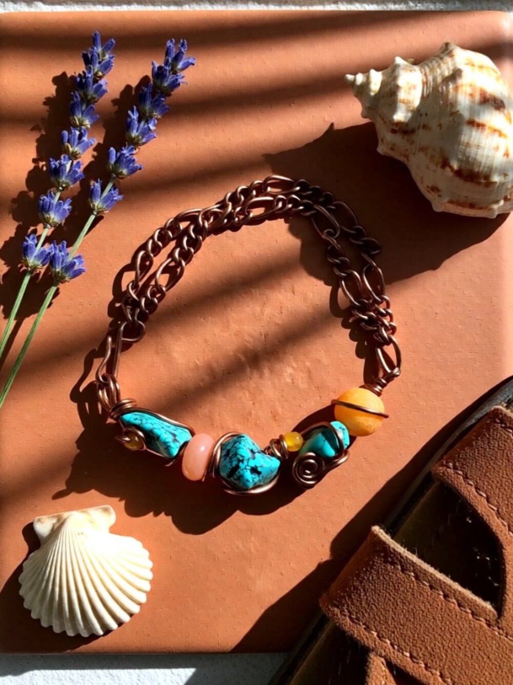 Last Days of Summer! Handcrafted Cuff + Chain Bracelet - Turquoise & Tangerine